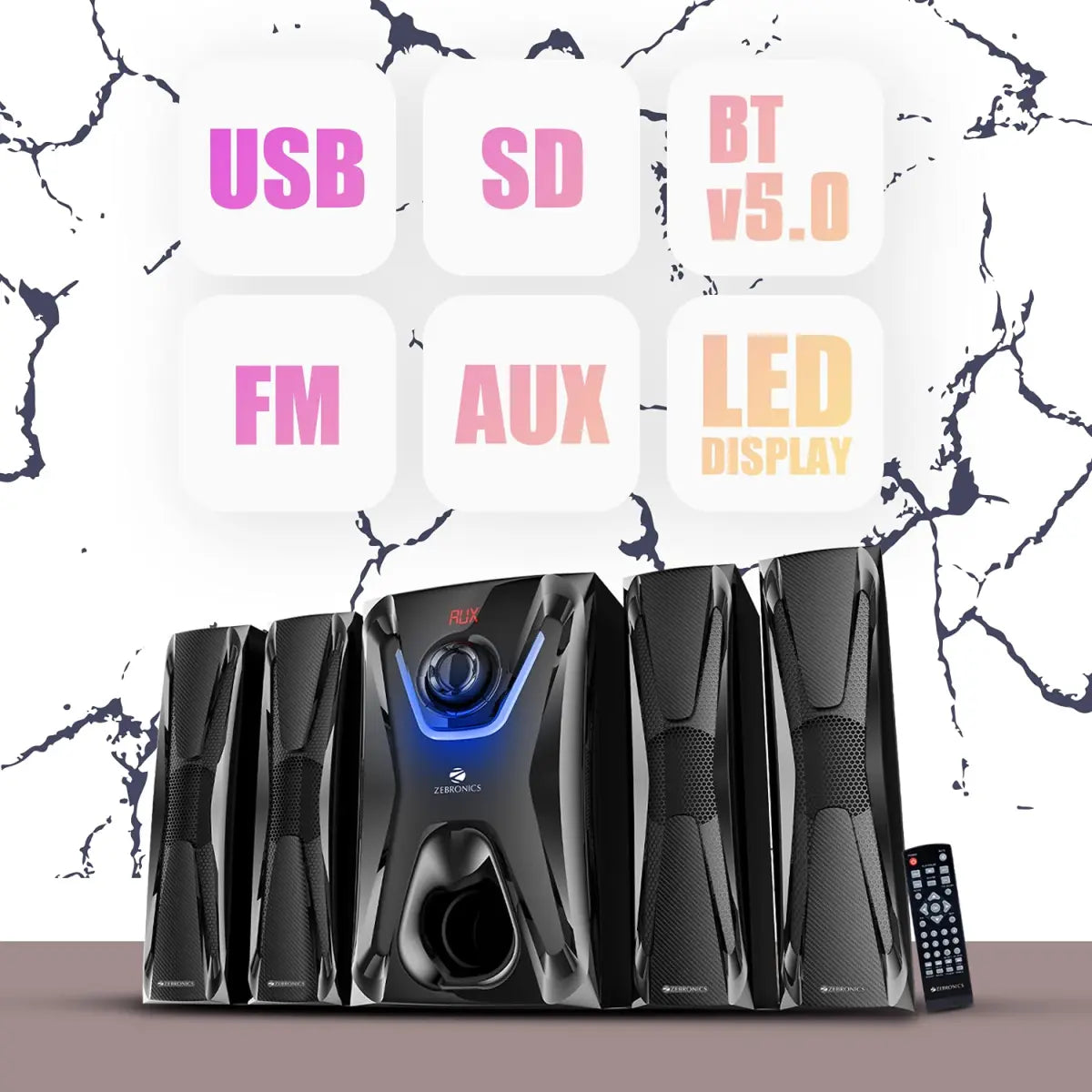 Zebronics Zeb-Sonata 4.1 Channel Home Theater Speaker with Subwoofer Supporting Bluetooth 5.0/USB Slot/AUX/Built in FM Radio, Remote Control, RGB Lights, LED Display