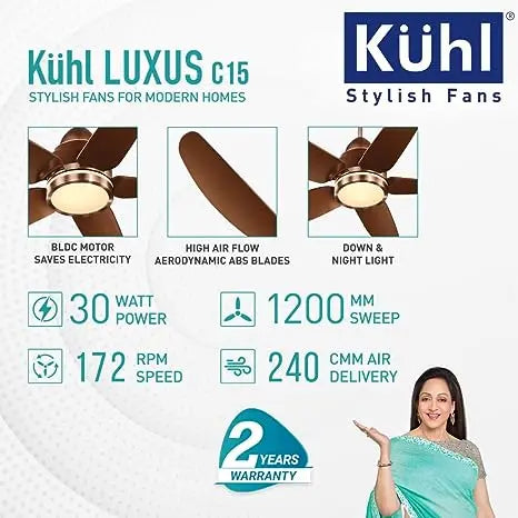 KUHL Stylish Fan Luxus C15 | 30W | BLDC Technology | 5-Star Rated | Operate on Remote-Mobile-Alexa | Night & Down Light |1200 mm sweep | Aerodynamic ABS 4 Blades | Reverse Mode | Brown (C15, Brown)