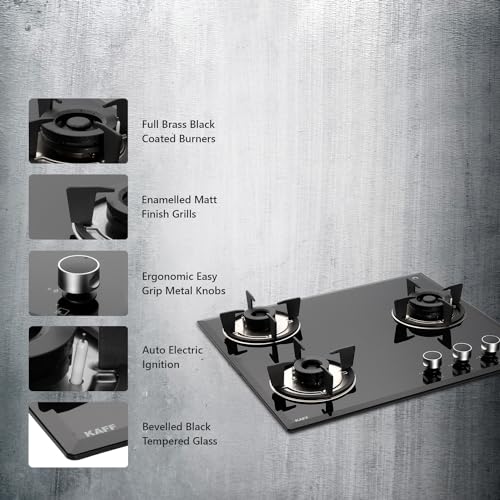 KAFF FBB 603 Built-in Hob/Hobtop 3 Burners, Auto Electric Ignition Glass Top, 60 CM, Full Brass Burner, 8 MM Thick Toughened Glass Bevelled Black Tempered Glass (Black)