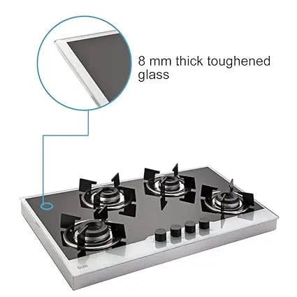 Glen 4 Burner Free Standing Glass Gas Hob with Italian Double Ring Burners, Auto Ignition, Black & White (1074 FIN BW)