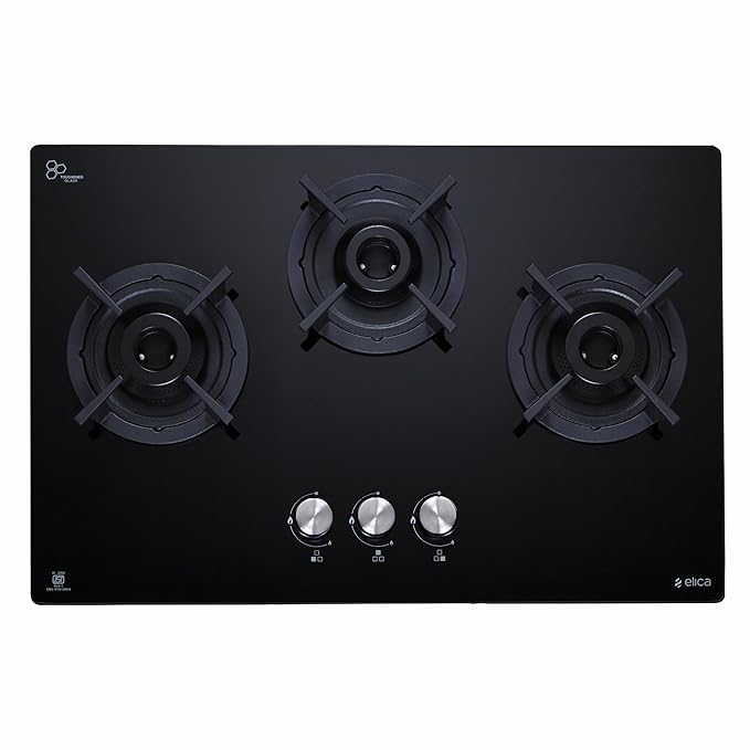 Elica RG FLEXI 360 LOTUS IND HD BRASS 60cm 3 Burner Auto Ignition Gas Hob | Black Toughened Glass