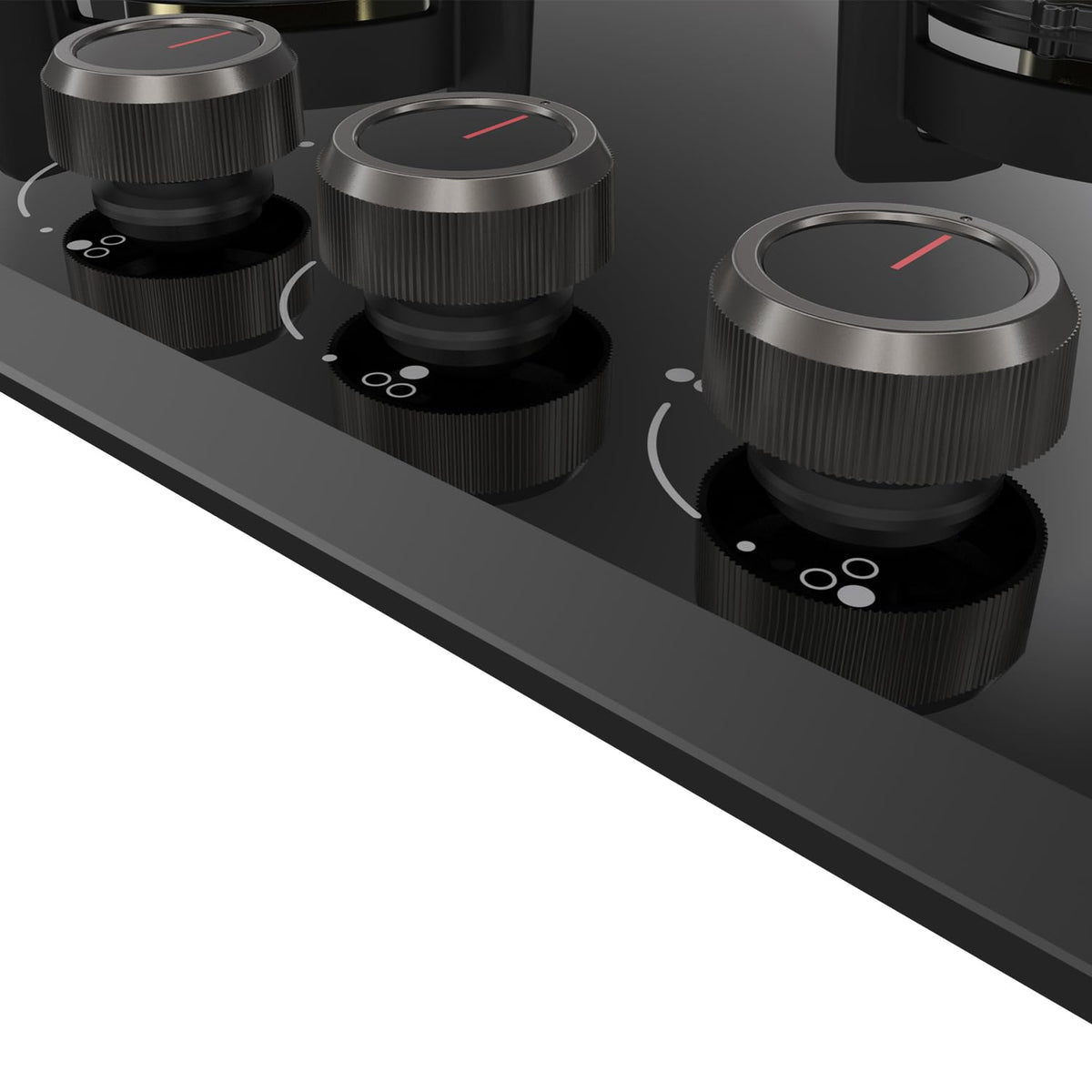 Close-up of metal control knobs on the Kaff Ashford ASF 783 gas hob