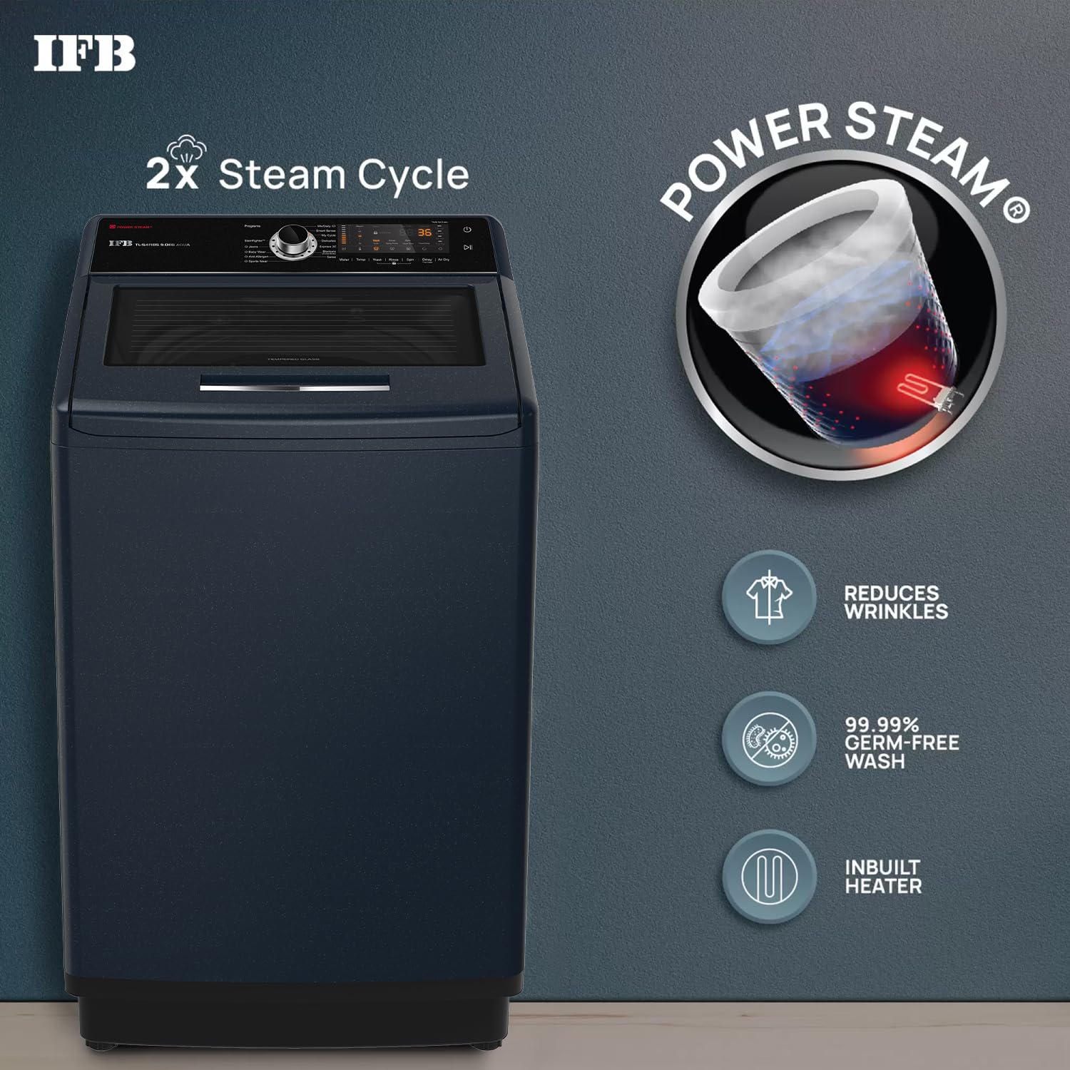IFB 9.0 Kg Fully-Automatic Top Loading Washing Machine (TL-S4RBS 9.0 Kg Aqua, Royal Blue, 2X Power Steam, 4 Years Comprehensive Warranty)
