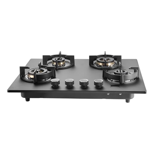 KAFF PRESTON PRS 654 Built-in Hob/Hobtop 4 Burners with Digital Timer, Auto Electric Ignition Glass Top, 65 CM, Full Brass Burners with Flame Failure Device, Metal Knobs (Black)