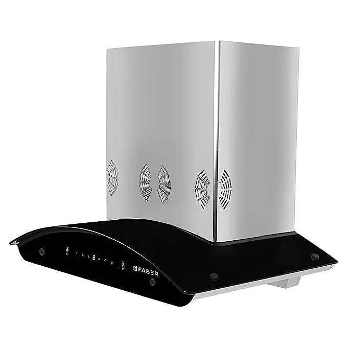 Faber Hood Everest Smart 60 cm chimney in angled three-quarter view showing stainless steel flue and curved glass