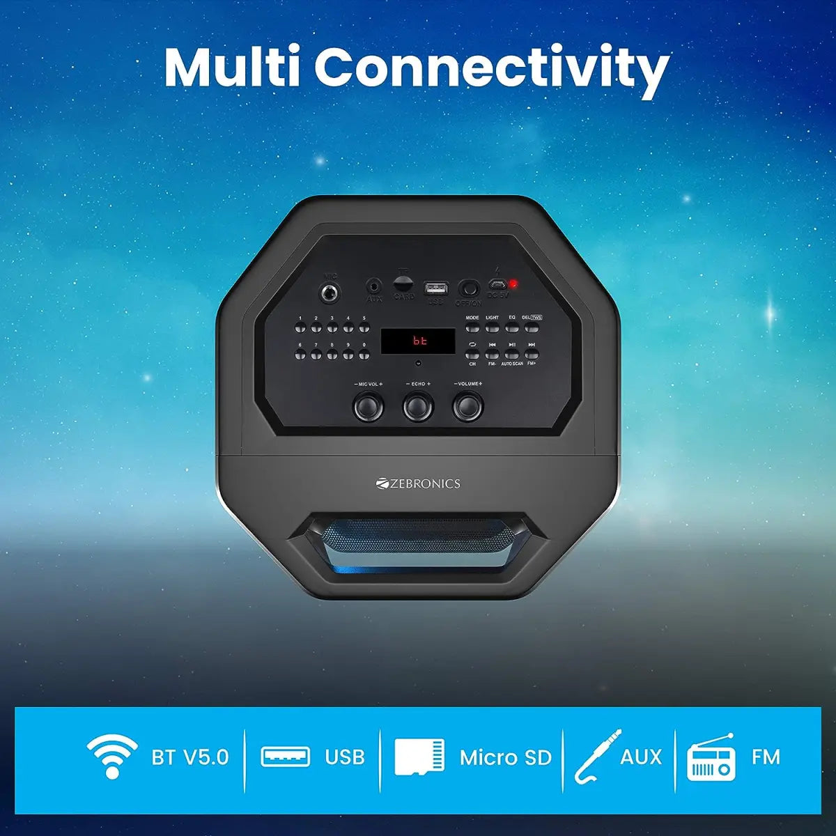 Zebronics Zeb-Space Deck PRO Wireless Bluetooth 40W Boombox Party Portable Speaker Supporting LED Display, RGB Lights, USB, SD Card, AUX, MIC in, FM, TWS & Comes with Wireless MIC + Remote Control.