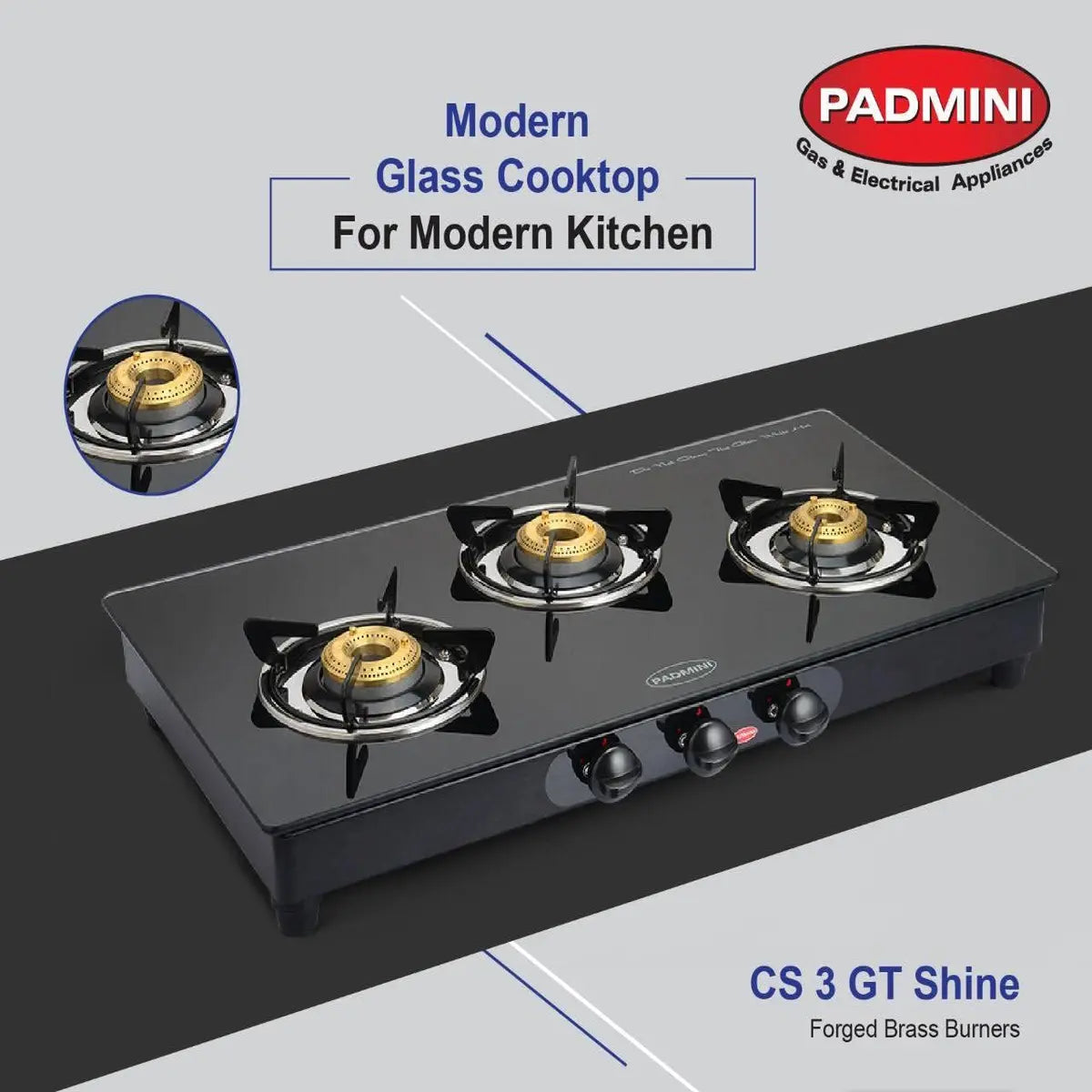Padmini Gas Stove, 3 Burner, Black (CS-3GT Curve)