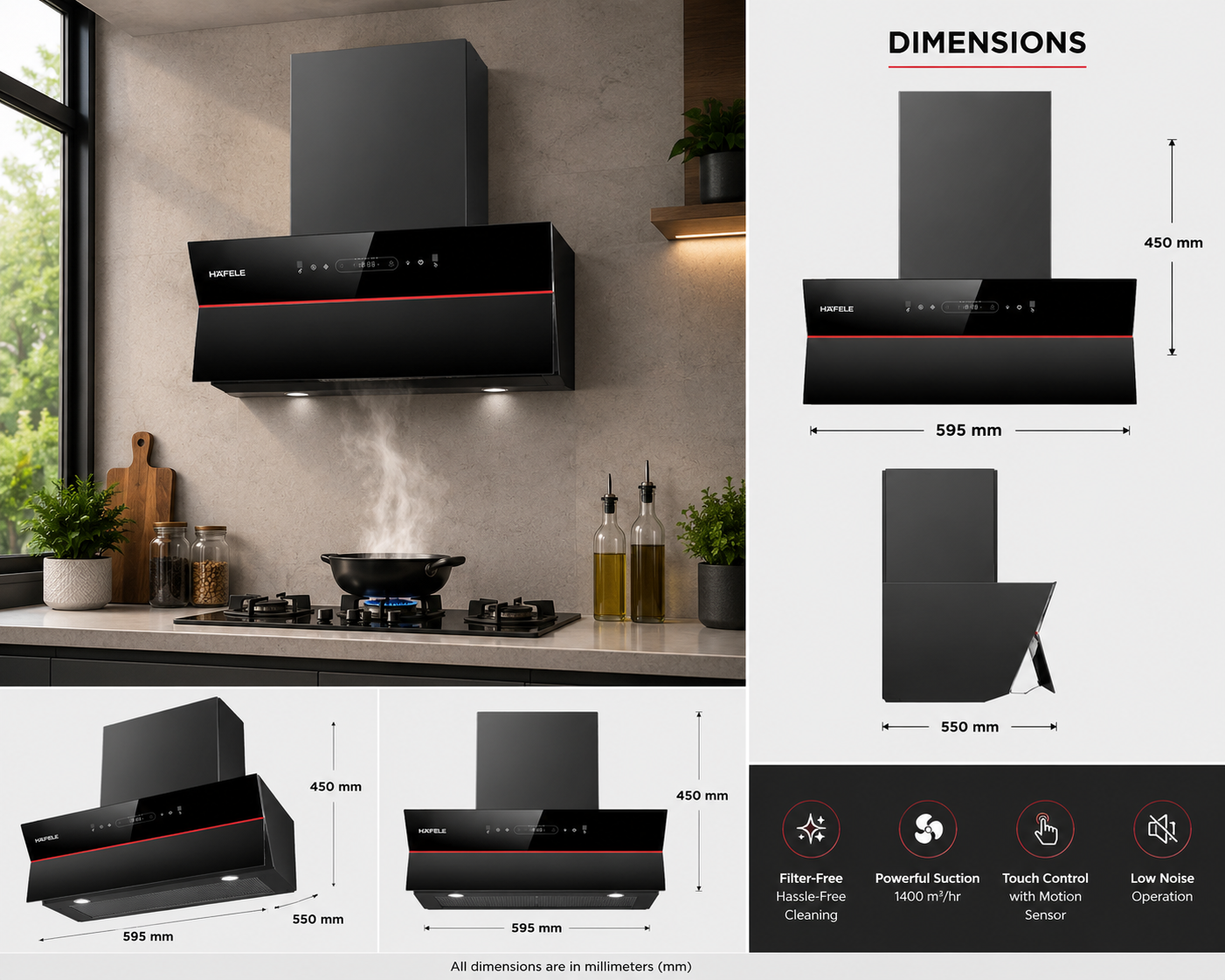 Hafele Renata Inclined 60 Filter-Free Auto Clean Chimney | 60cm | Black Glass