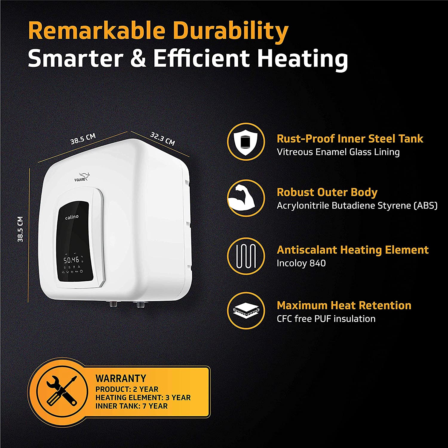 V-Guard Calino DG 15 Storage 5 Star Water Heater with Remote Control & Digital Display; Free PAN India Installation and Free Inlet Outlet Connection Pipes; White (15 Litre)