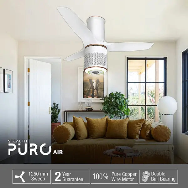 Havells Stealth Puro Air 1250mm Ceiling Fan with Air Purifier & Remote Control Peral White LT Copper