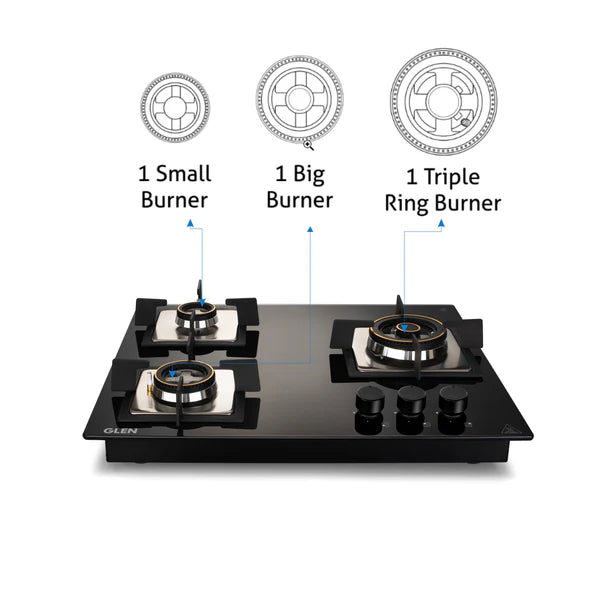 Glen 3 Burner Glass Hob Top with Triple Ring Burner Double Ring Forged Brass Burners Auto Ignition (1063 SQ HT DB TR)