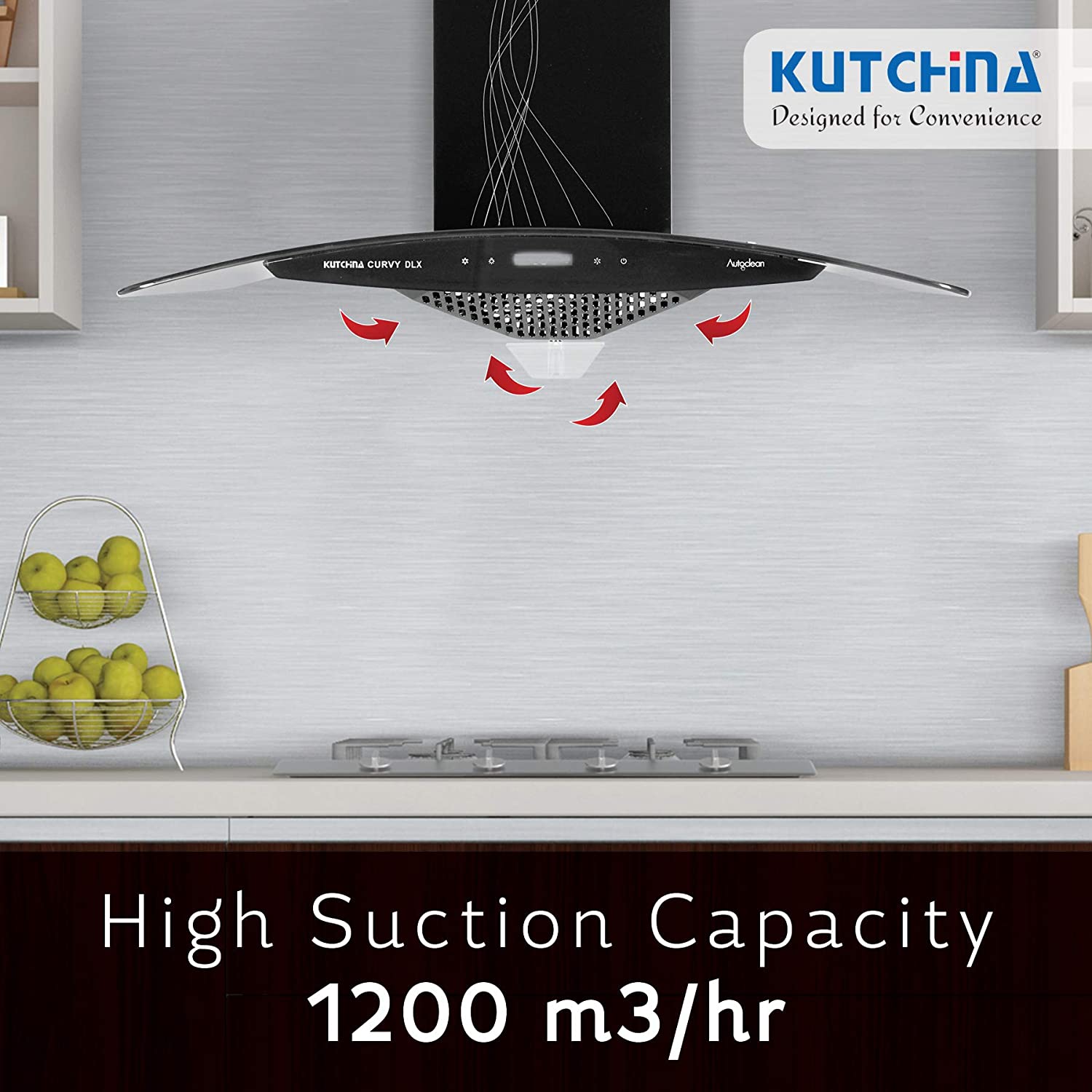 Kutchina kitchen chimney Curvy dlx 60 cm a chimni for kitchen autoclean function and a chimney with 60 cm autoclean technology with 1200 suction capacity.