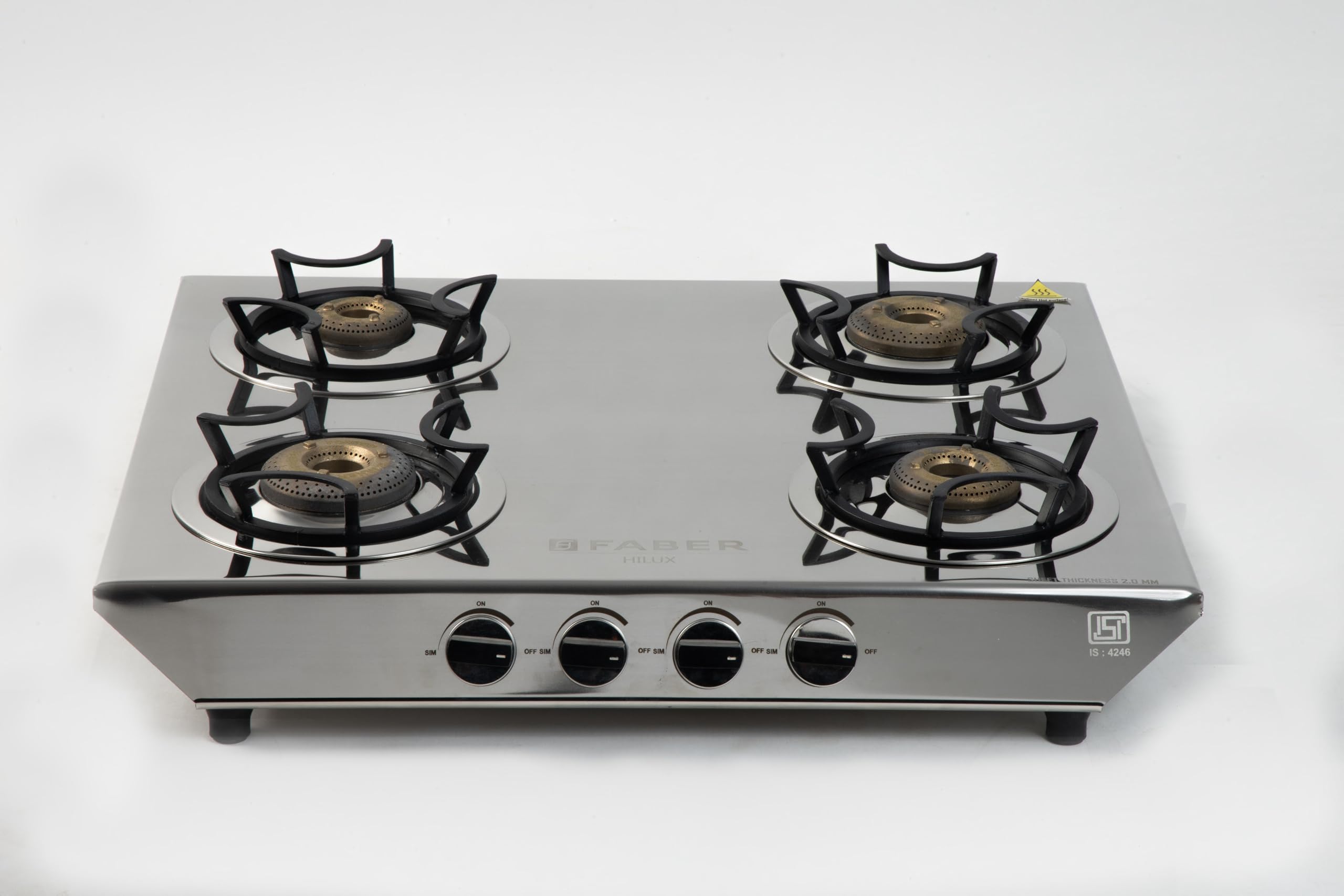 Faber high efficiency 4 Brass Burner with stainless steel top, ISI Certified gas stove, Manual Ignition,For LPG use only (Cooktop Hilux Max 4BB SS) 5 years warranty on burners & valve