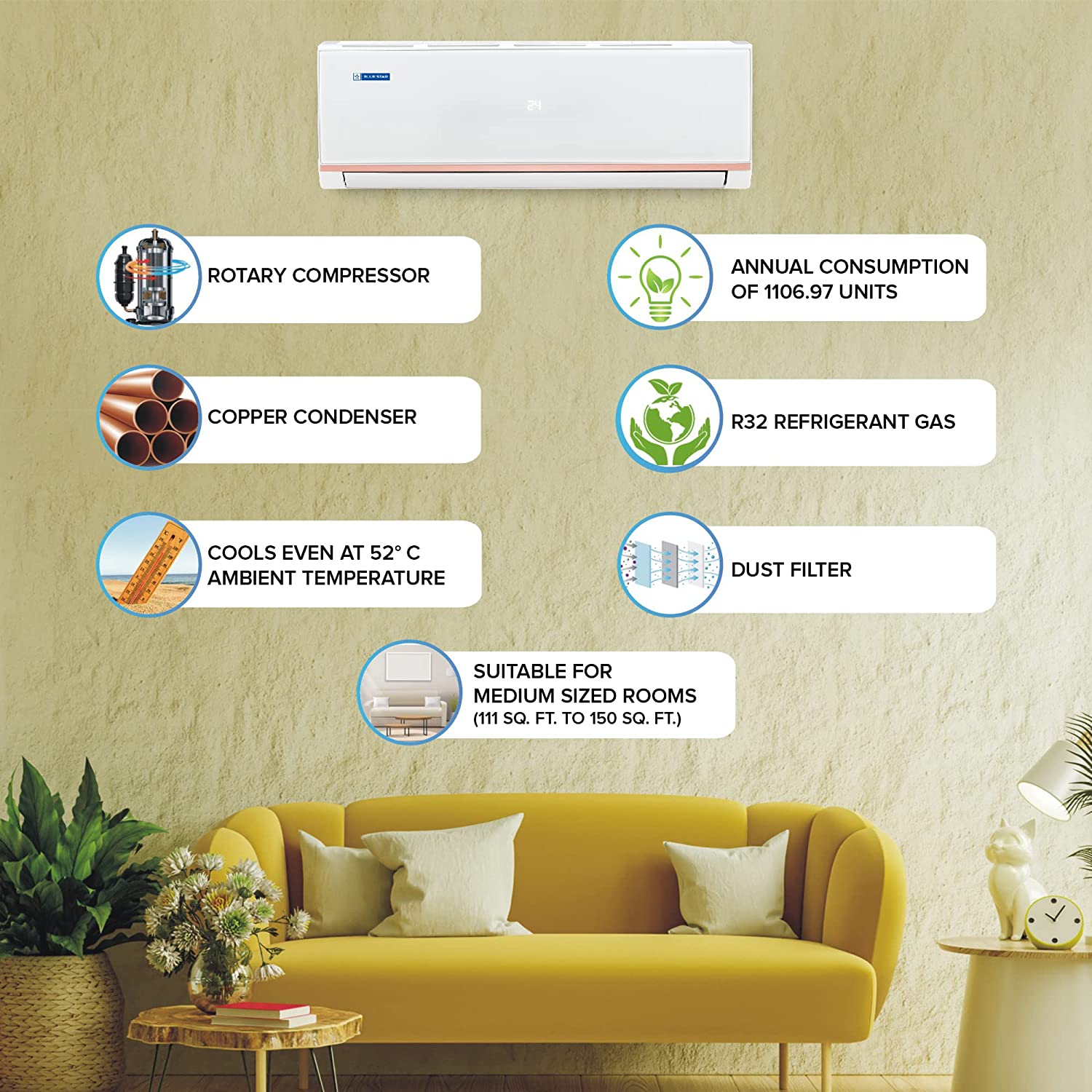 Blue Star 1.5 Ton 3 Star Fixed Speed Split AC (Copper, FA318PLU, 2022, White)