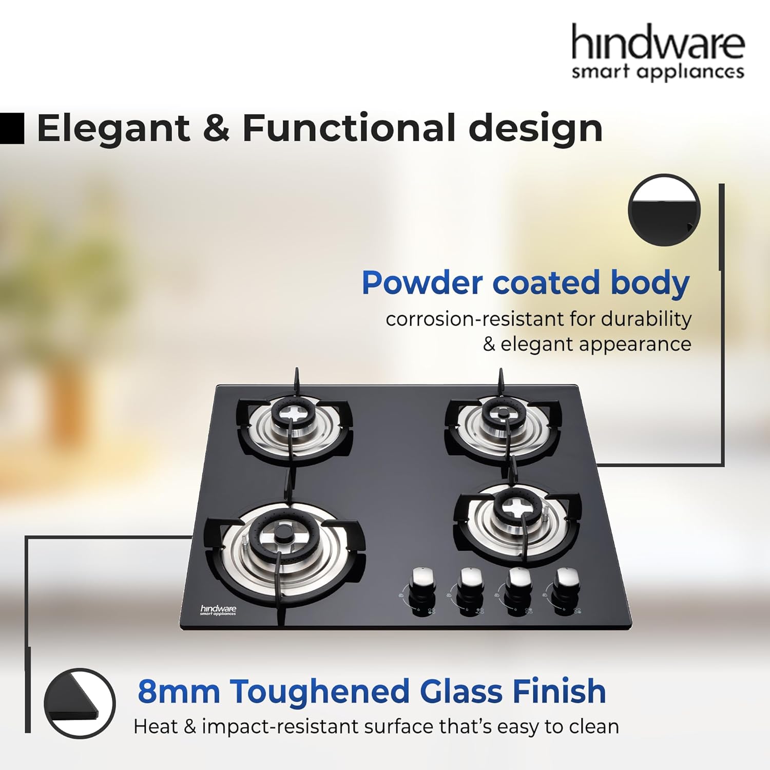 Hindware Tempered Glass KA Hob Sara 4B (Black, 60 Cm)