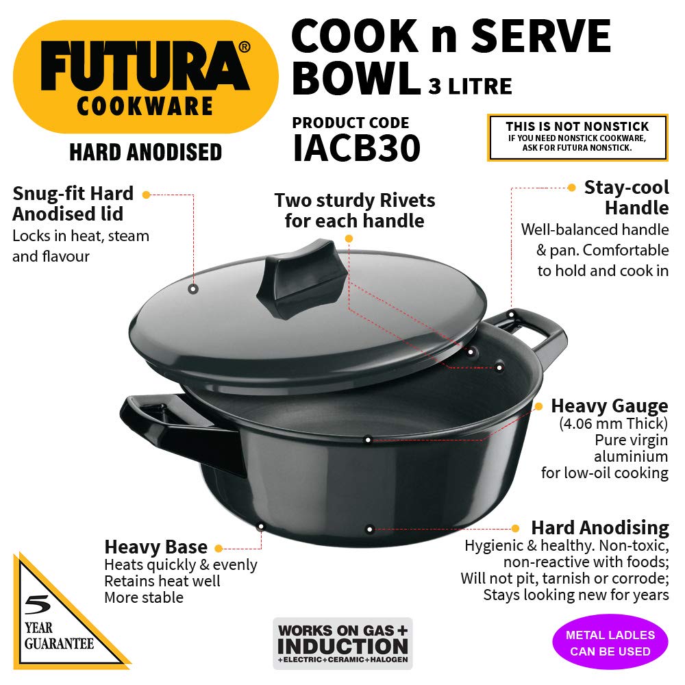 Hawkins Futura 3 Litre Cook n Serve Bowl, Hard Anodised Saucepan with Hard Anodised Lid, Induction Pan, Sauce Pan for Cooking and Serving, Black (IACB30) (Aluminium)