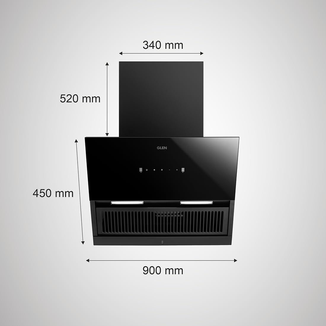 GLEN 90 cm 1200 m3/hr Auto-Clean Filterless Angular Glass Kitchen Chimney (Hood Neo Ex,Touch+Motion Sensor Controls,Black)