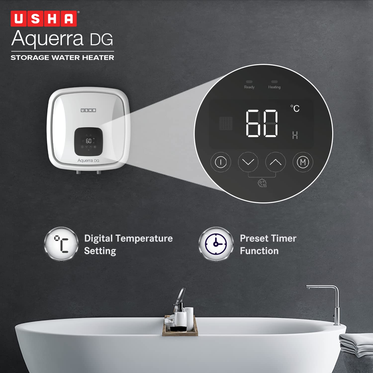 Usha Aquerra Dg 15 Litre 5 Star Digital Storage Water Heater With Remote (White), Wall Mounting