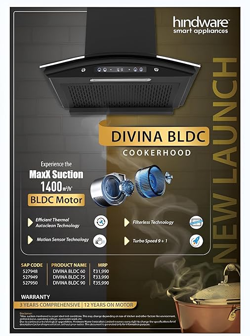 Hindware DIVINA BLDC 75 cm Chimney | Newly Launched | 1400 CMH | Auto Clean | Filterless | 9+1 Speed Motion Sensor Wall Mounted (Black)
