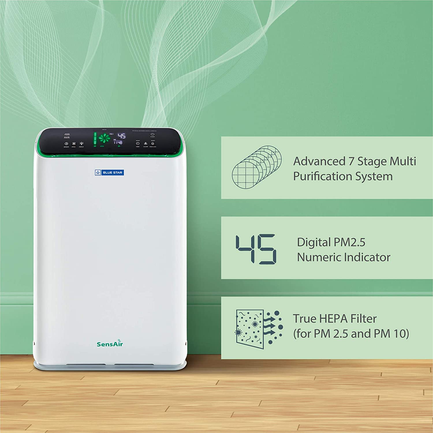 Blue Star Air Purifier BS-AP490LAN with UV Based Microbe Sterilize technology|removes 99.7% airborne viruses & bacteria|True HEPA 13 Filter|Active Carbon|Ionizer| 915 CMH|900 Sq. Ft. Coverage Area|
