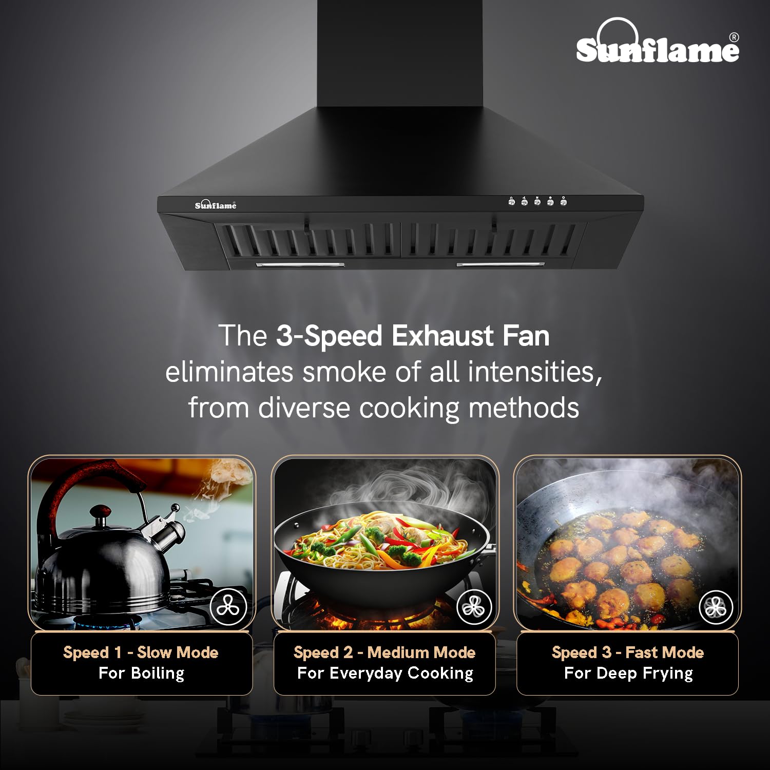 Sunflame Maleo 60 BF Kitchen Chimney | 900 m³/h Suction Capacity | 1- Year Product and 5-Year Motor Coverage | Baffle Filters | 3-Speed Exhaust Setting | Push Button Control | 60 cm