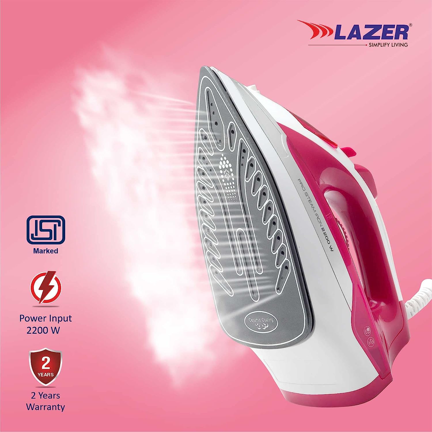 Lazer Imperial 2200W With Power Full Steam Burst, Scratch Resistant Durable Creamic Soleplate Steam Iron (Pink)