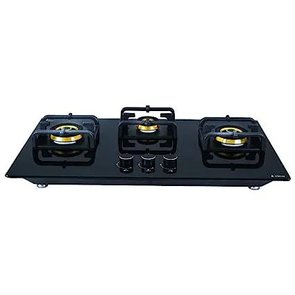 Elica Hob 3 Burner Auto Ignition Glass Top - 2 Mini Triple Ring and 1 Double Ring Brass Burner (FLEXI PRO FB 3B 75 MT DX)