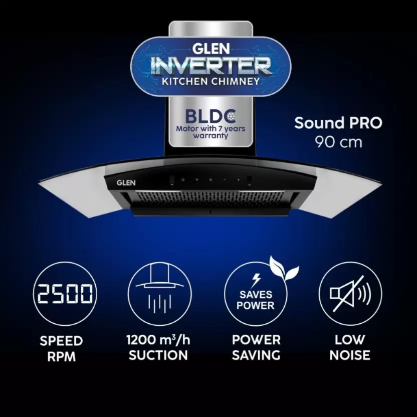 Glen Soundpro AC BLDC 90 cm Auto Clean Curved Glass 90 cm|BLDC Motor|Touch & Gesture Control| Autoclean| Filterless|Powerful Suction | Low Noise Wall Mounted Chimney (black 1200 CMH)