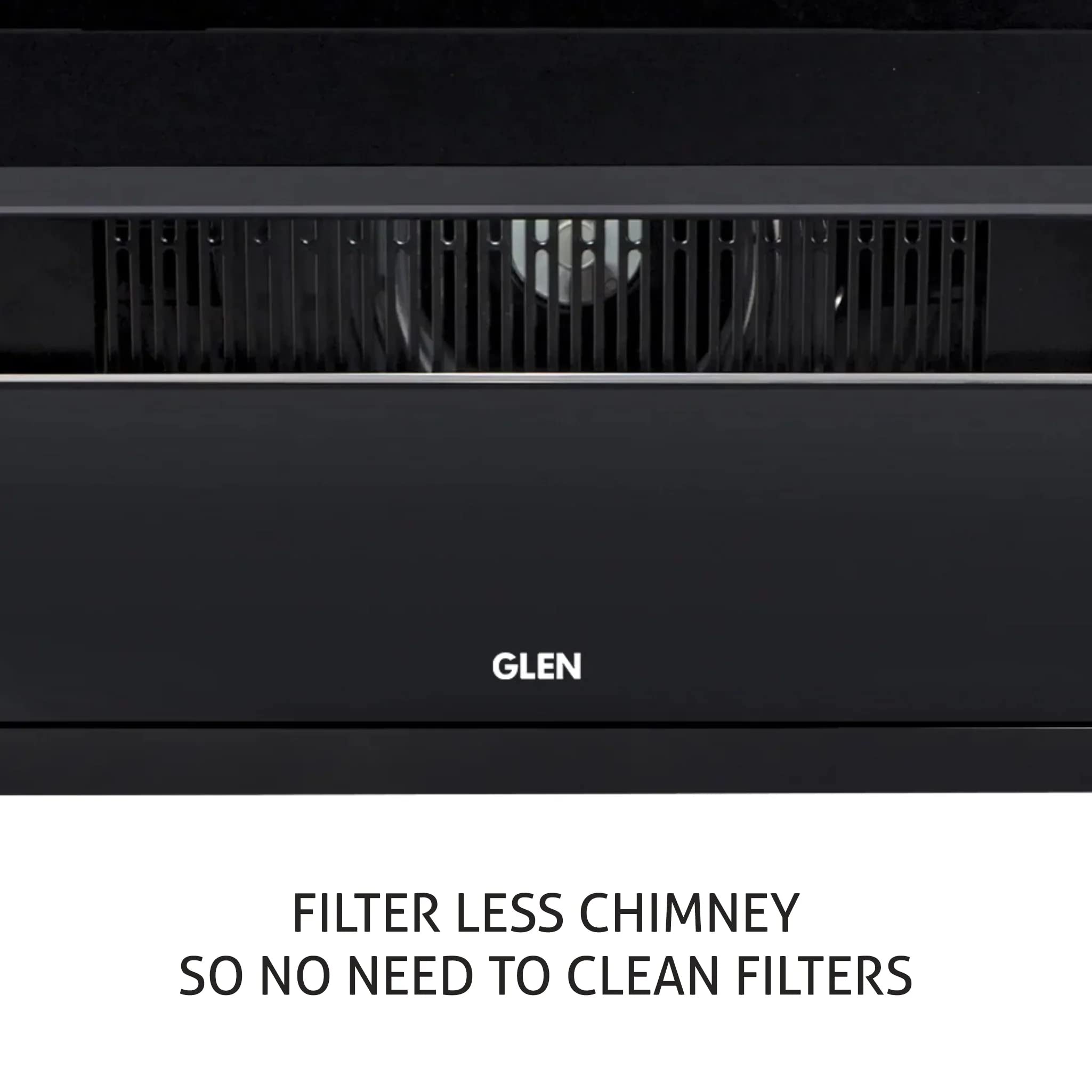 Glen Auto Clean Glass Filterless Chimney With Touch Controls With Motion Sensor, Wave And Start 1200 M3/H 90Cm, 1 Year On Product, 5 Year On Motor, Black (6073SXAC90)