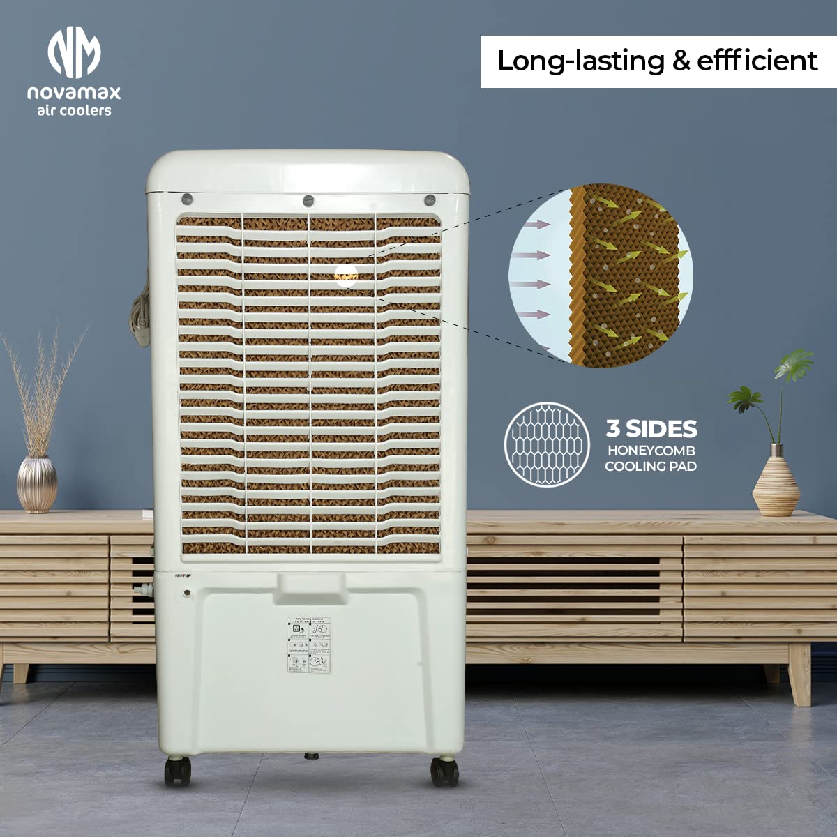 Novamax Zephyr 90 L Desert Air Cooler For Home/Office With 3-Side High Density Honeycomb Cooling Pads, Auto Swing, 4-Way Air Deflection & 3-Speed...