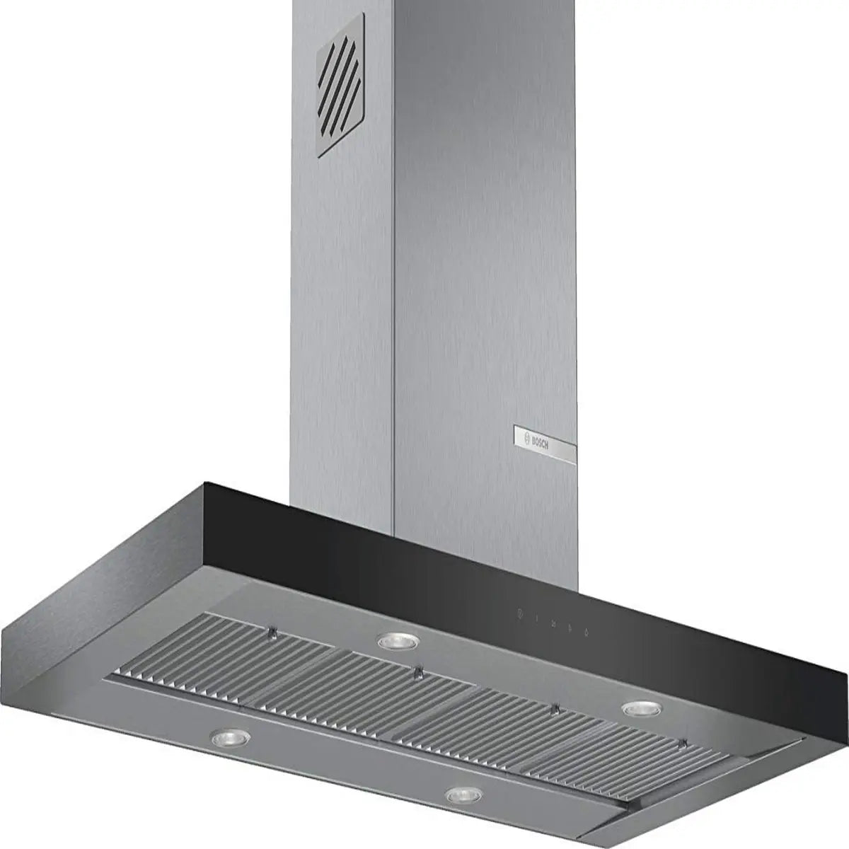 Bosch DIB098G50I island cooker hood with stainless steel chimney, black edge and four downlights
