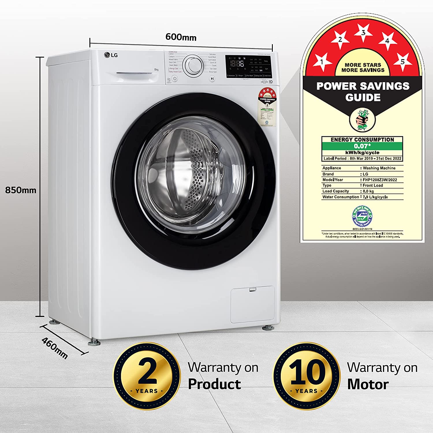 LG 8 Kg 5 Star Inverter Fully-Automatic Front Loading Washing Machine with Inbuilt heater (FHP1208Z3W, Blue White, AI DD Technology & Steam for Hygiene)