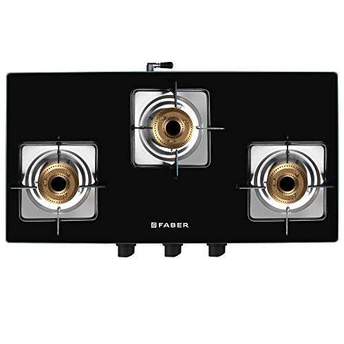 Faber Mild Steel Marvellous Glass Top 3 Brass Burners Auto Ignition Gas Stove (3B Bk Ai, Black)