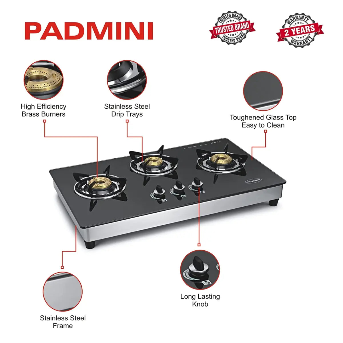 Padmini Three Burner Gas Stove - CS 3 GT HS Auto