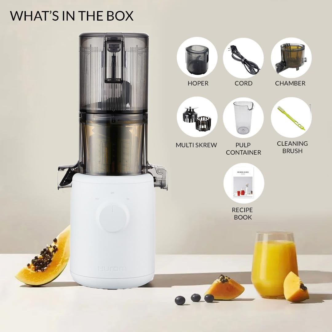 Hurom H310A Self-Feeding Cold Press Whole Slow Juicer All-in-1 multi-screw Technology from soft or hard fruits/vegetables to ice cream Made in Korea White