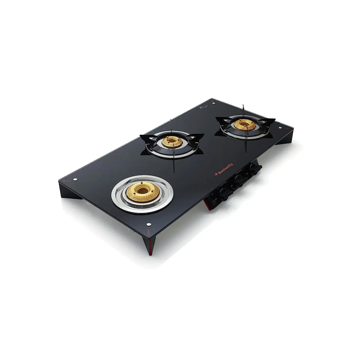 Butterfly Prism Glass Top 3 Burner Gas Stove, Manual Ignition, Black/Red