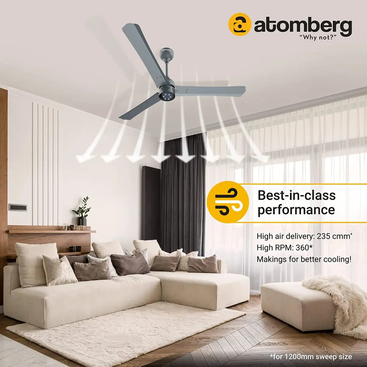 atomberg Renesa BLDC மோட்டார் 5 நட்சத்திர மதிப்பீடு பெற்ற மின்விசிறி (மணல் சாம்பல்) 