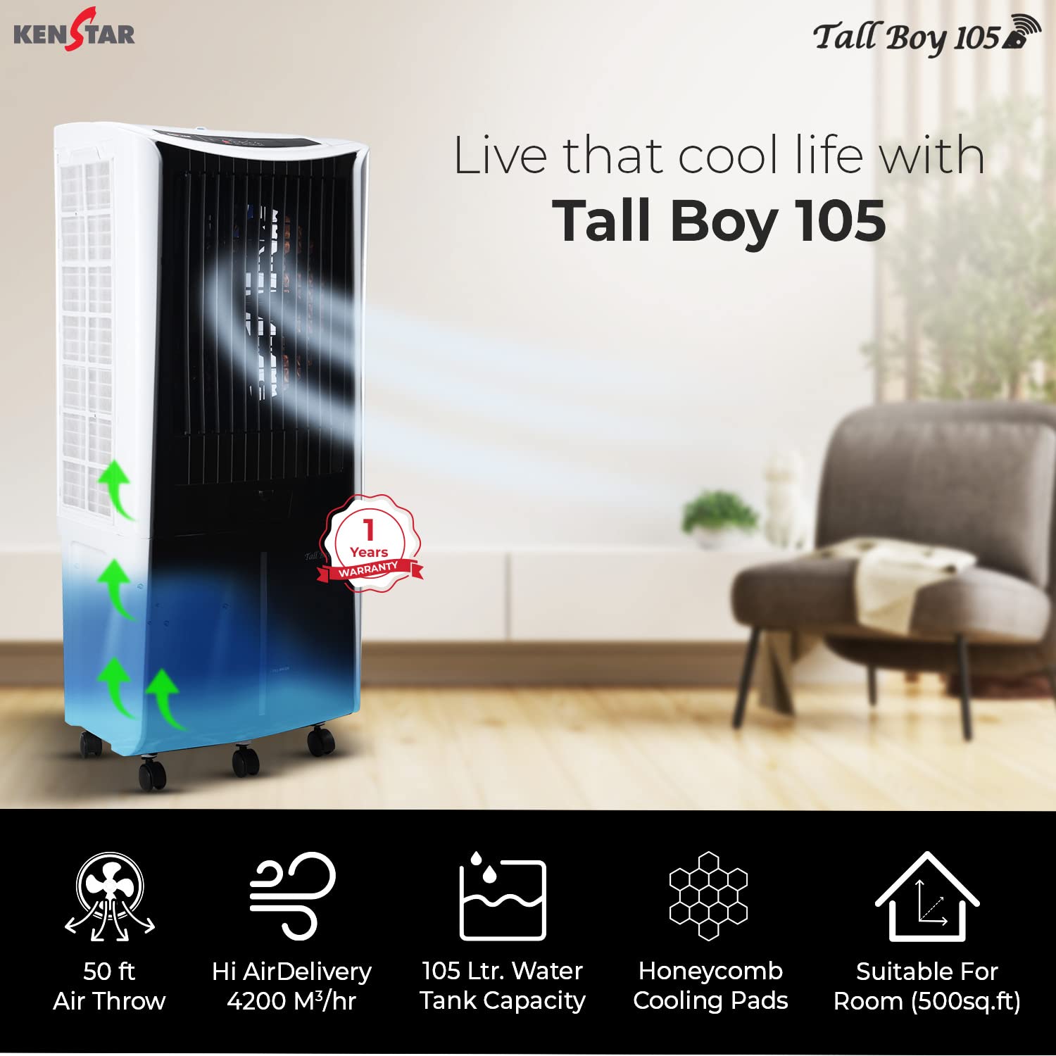 Kenstar Tall Boy 105 Liters White & Black