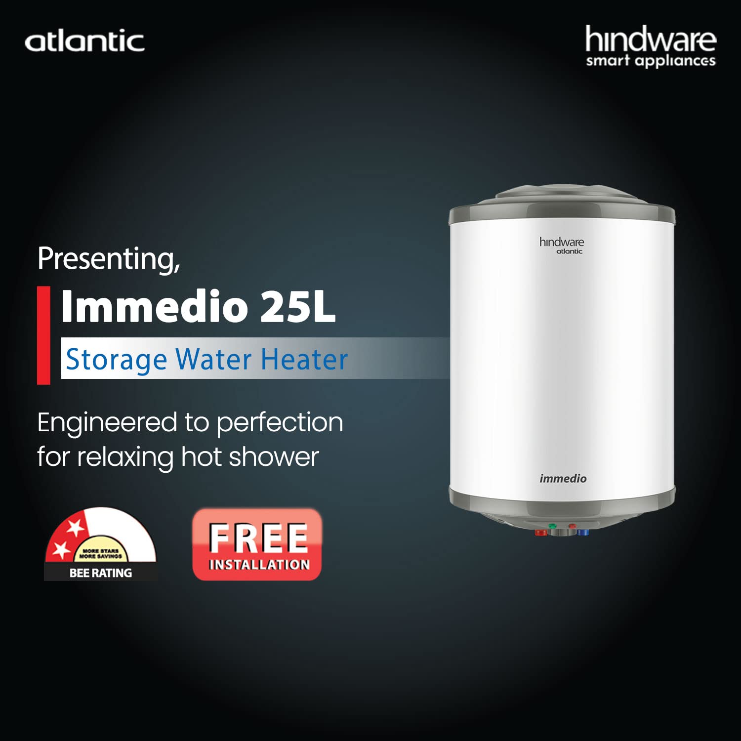Hindware Atlantic Immedioâ  25L Water Heater, Wall Mounting, White & Grey