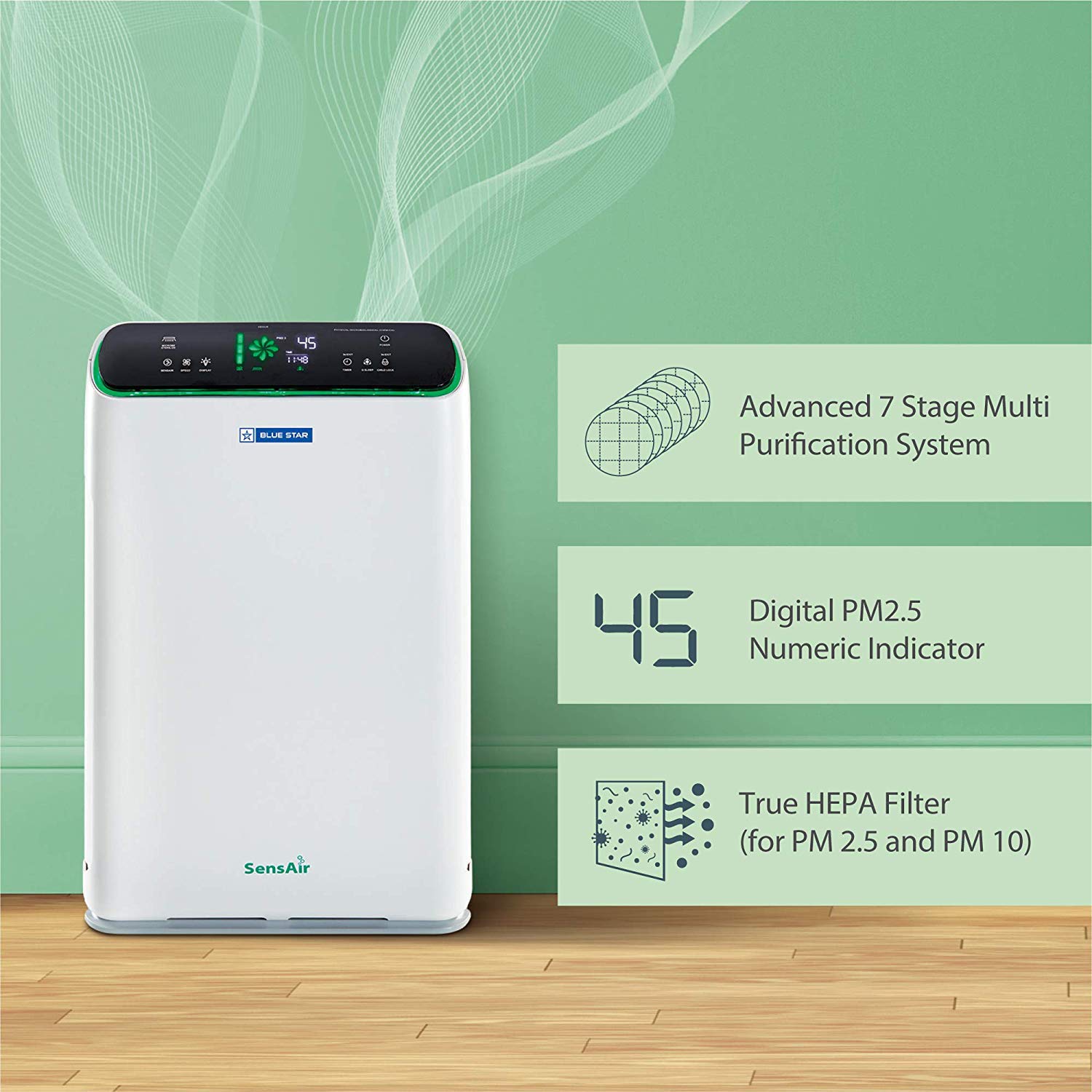 Blue Star Air Purifier BS-AP490LAN with UV Based Microbe Sterilize technology|removes 99.7% airborne viruses & bacteria|True HEPA 13 Filter|Active Carbon|Ionizer| 915 CMH|900 Sq. Ft. Coverage Area|