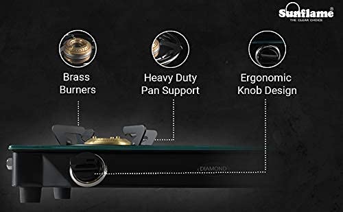 Sunflame Crown Glass Top 2 Burner Gas Stove Manual Ignition, Black (Gas stove + Gas Lighter)