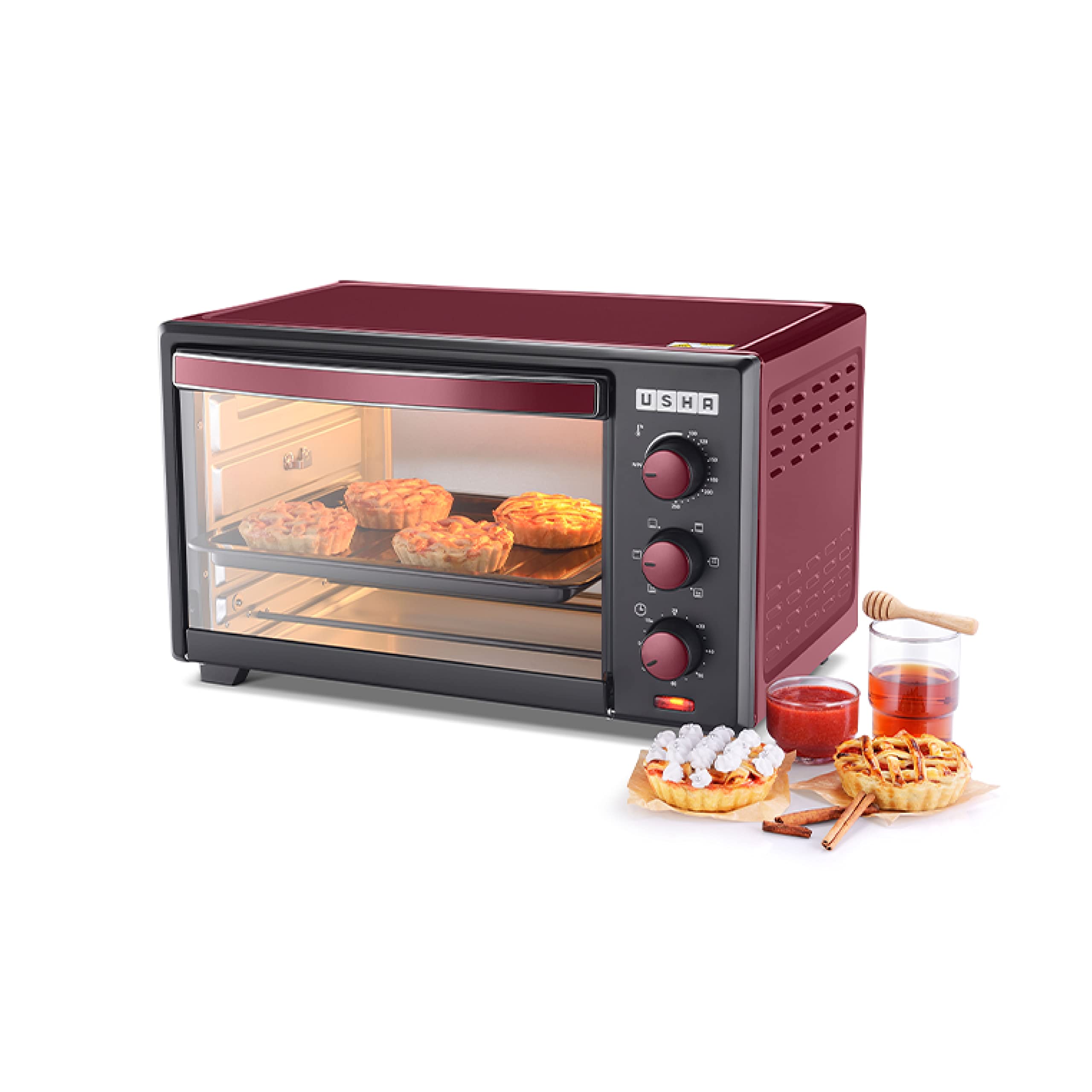 Usha 3629R 29L Oven Toaster Grill with Rotisserie and Convection, 1600 W, 6 mode Heating Function(Wine & Matte Black)