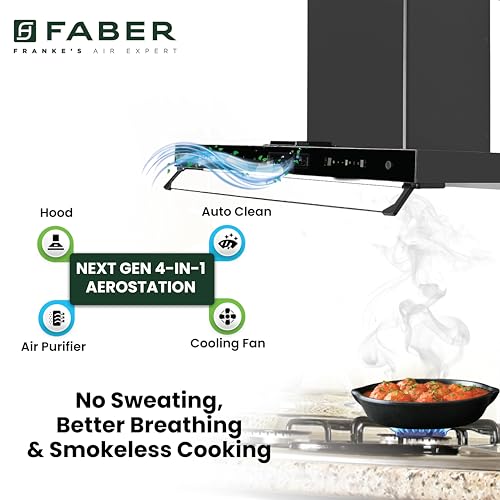 Faber 4in1 1325 m³/hr Filterless Autoclean 75cm Chimney|Air Purifier+Fan|Touch & Gesture Control|T-Shape|12Yr on Motor, 5Yr Comprehensive Warranty by Faber|HOOD AEROSTATION ELITE FL HC TC BK
