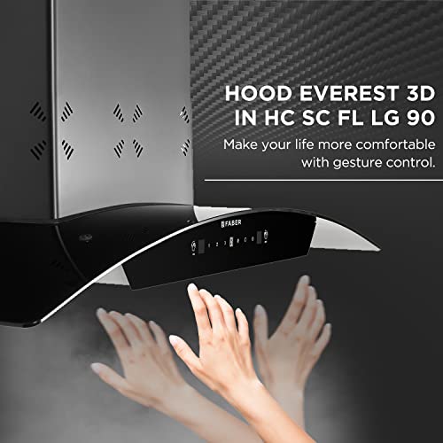 Faber90cm 6 way Silent Suction,1250m3/hr, Autoclean Chimney, 12Yr Warranty on Motor(2Yr Comprehensive) Autoclean Alarm(HOOD EVEREST 3D IN HC SC FL LG 90, Filterless, Touch&Gesture Control, Li