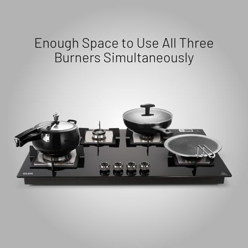 Glen 4 Burner Built In Glass Hob | Auto Ignition | 8 MM Toughened Glass | Black |Forged brass burners with double-ring flames | Warranty 2 Years Standard & 5 Years Glass |1094 XL SQ HT DB TR