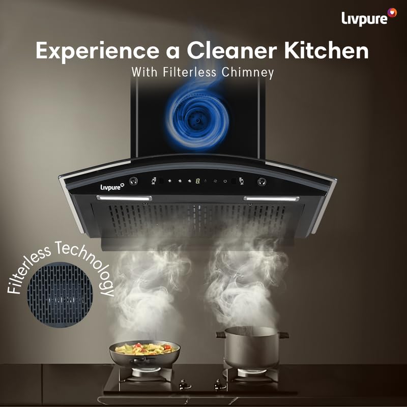 Livpure Astor 60 1250 m3/hr Curved Glass || Filterless Auto-Clean Kitchen Chimney || 10 Year Warranty On Motor (2 Year Comprehensive), (Touch And Gesture Control, Black)