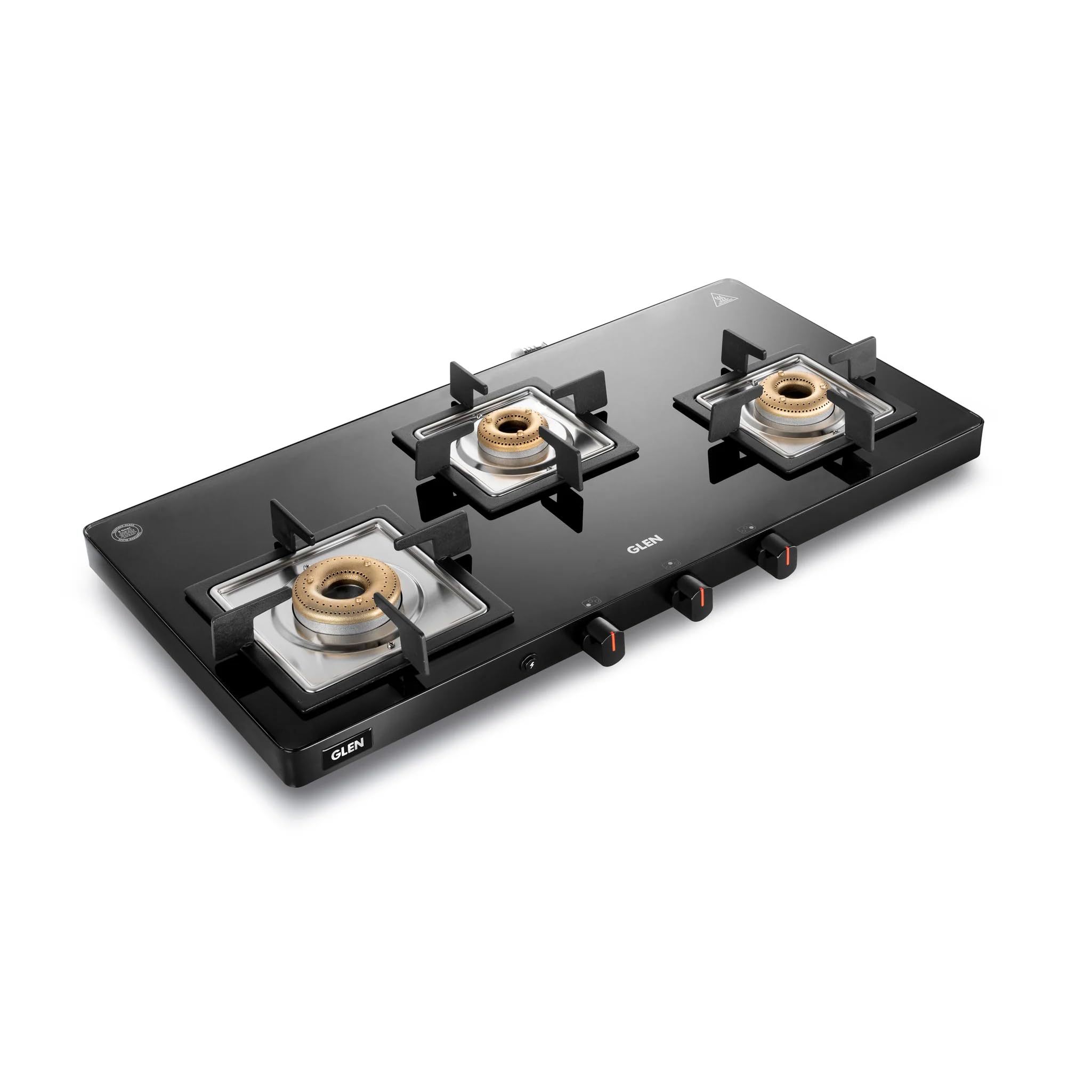 Glen 3 Burner Toughened Glass Top |Ultra Slim LPG Gas Stove|Black|High Flame Forged Brass Burners|Auto Ignition Revolving Nozzle | 5 Year Warranty On Glass, Valve Burner| 1035 US BL AI (Auto