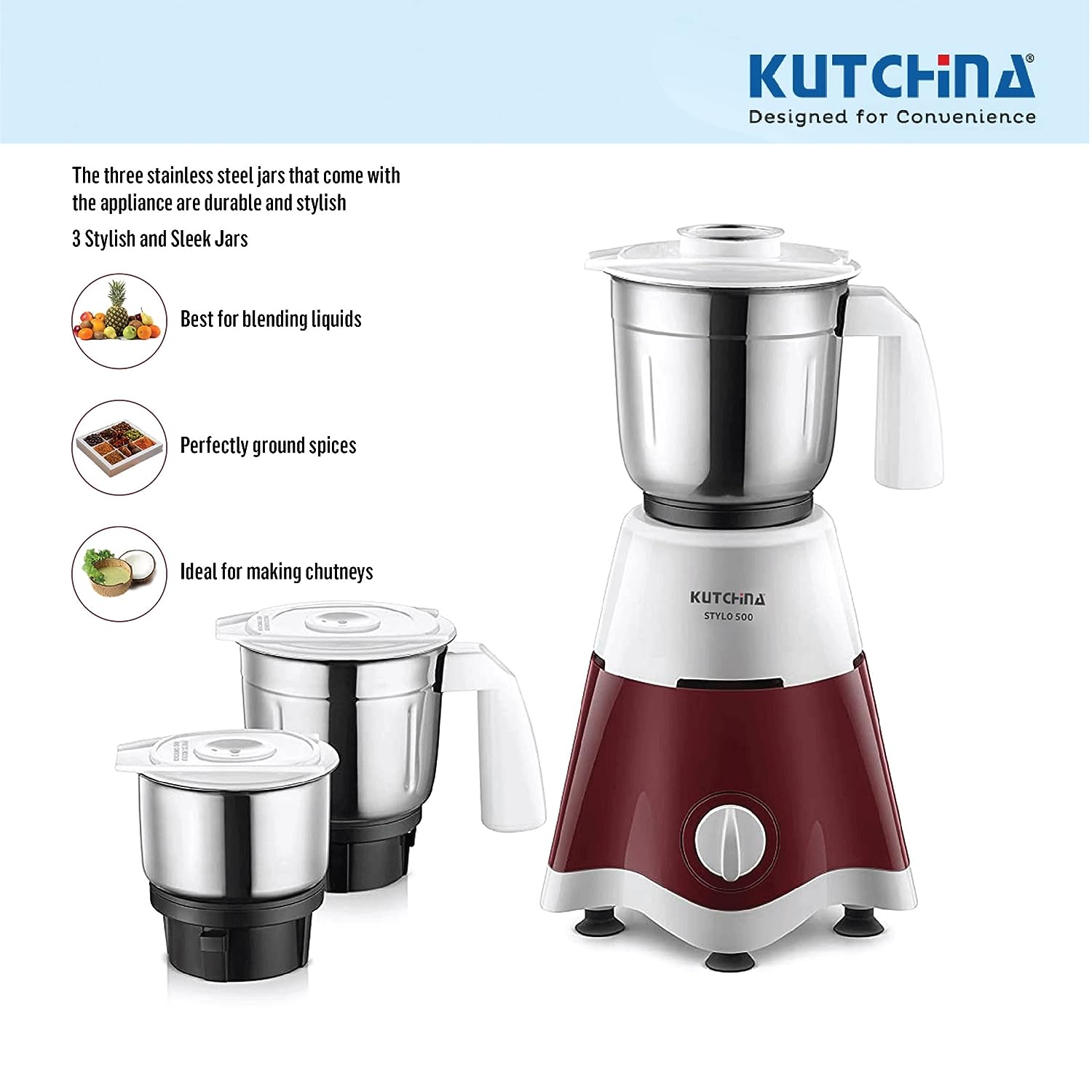 Kutchina Stylo Copper Winding Motor Mixer Grinder with 3 Jars Stainless Steel blades White & Maroon