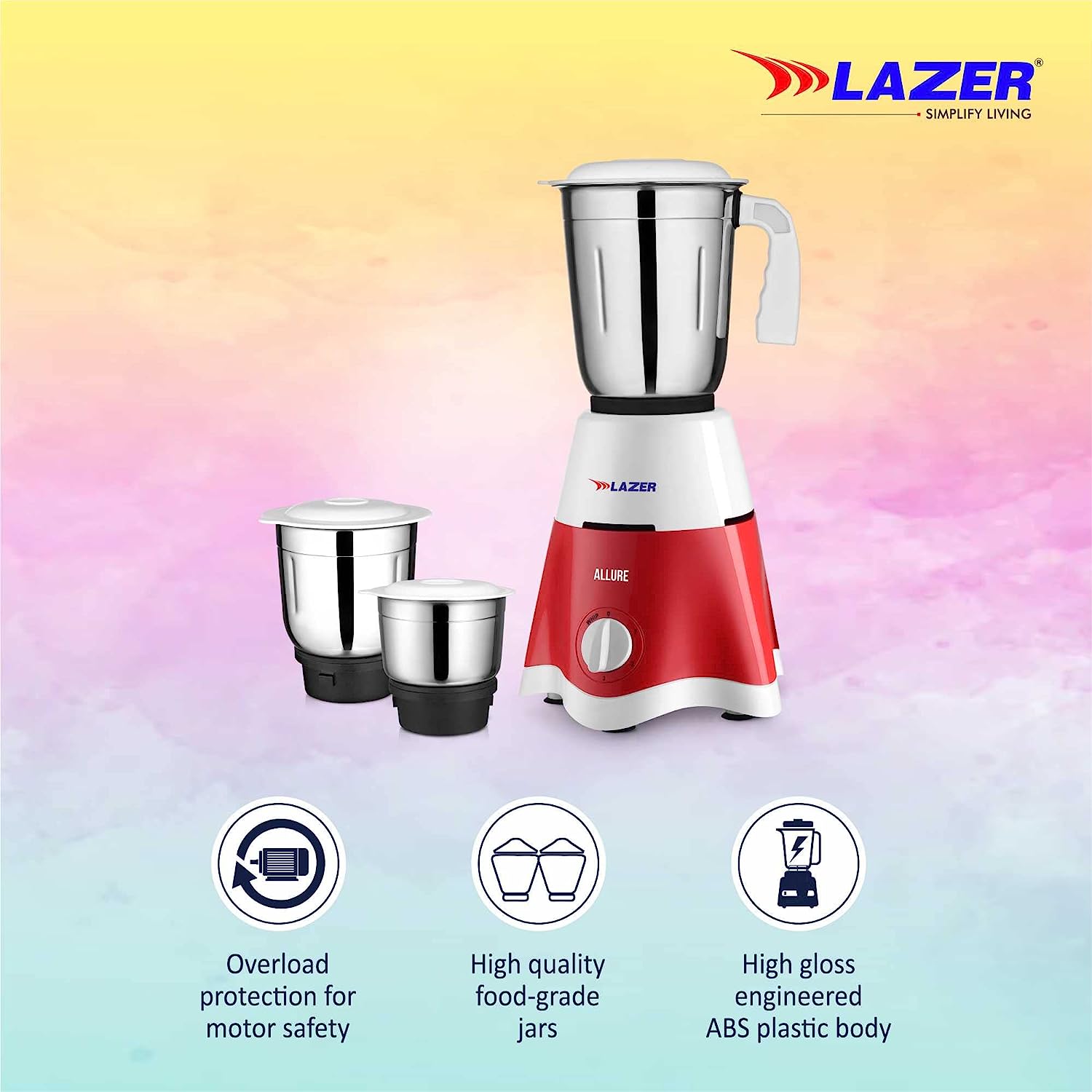 Lazer Allure 3 jars 500W Mixer Grinder (Red)