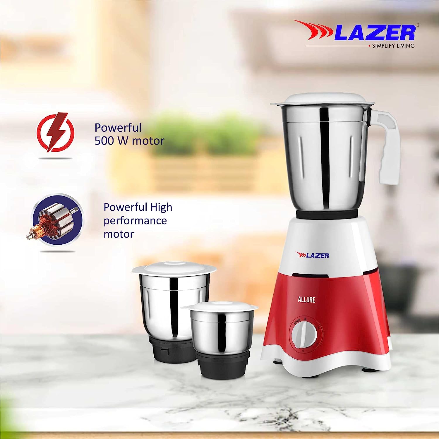 Lazer Allure 3 jars 500W Mixer Grinder (Red)
